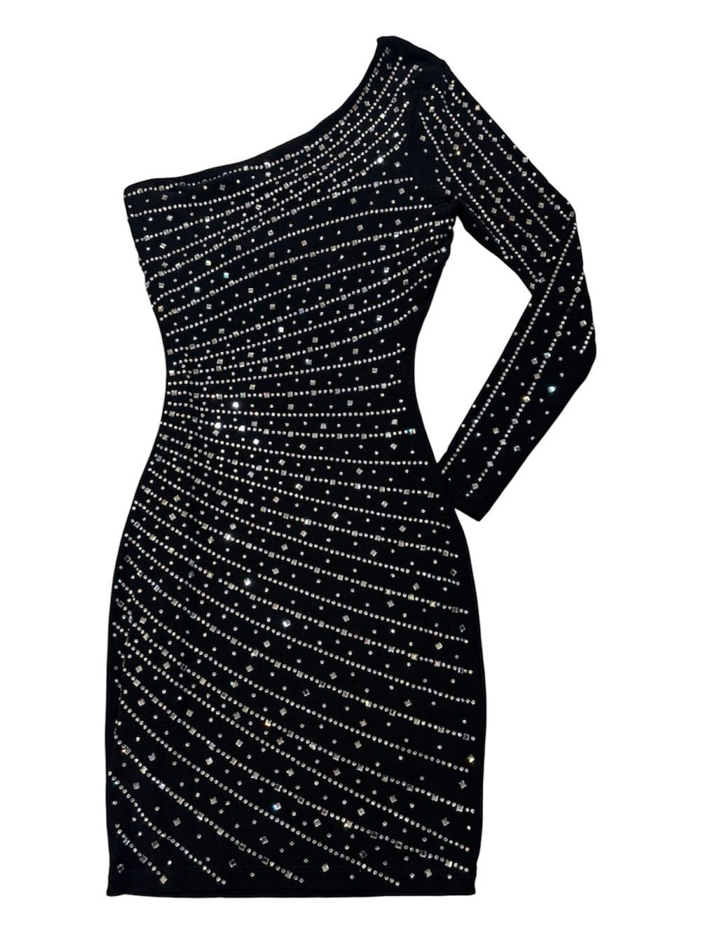 Windsor One-Shoulder Rhinestone Mini Dress in Black XS Like New